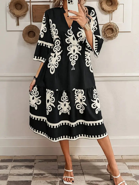 Motif Printed Ruffle Sleeve Midi Dress