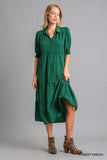 UMGEE Collared Tiered Midi Dress with Cuffed 3/4 Sleeves