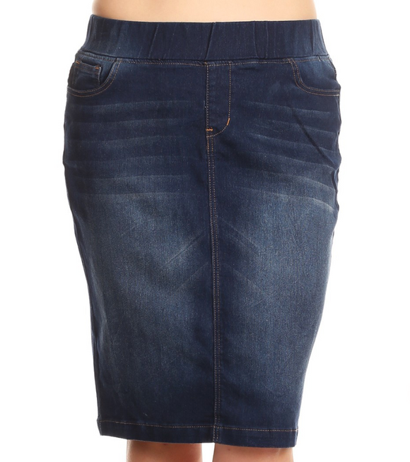 Be-Girl Denim Pencil Skirt Elastic Waistband (Plus)