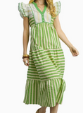 Striped Ruffle Sleeve Button Front Midi Dress