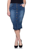 Denim Button Down Raw Hem Midi Pencil Skirt (PLUS)