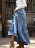 Layered Ruffle Denim Maxi Skirt